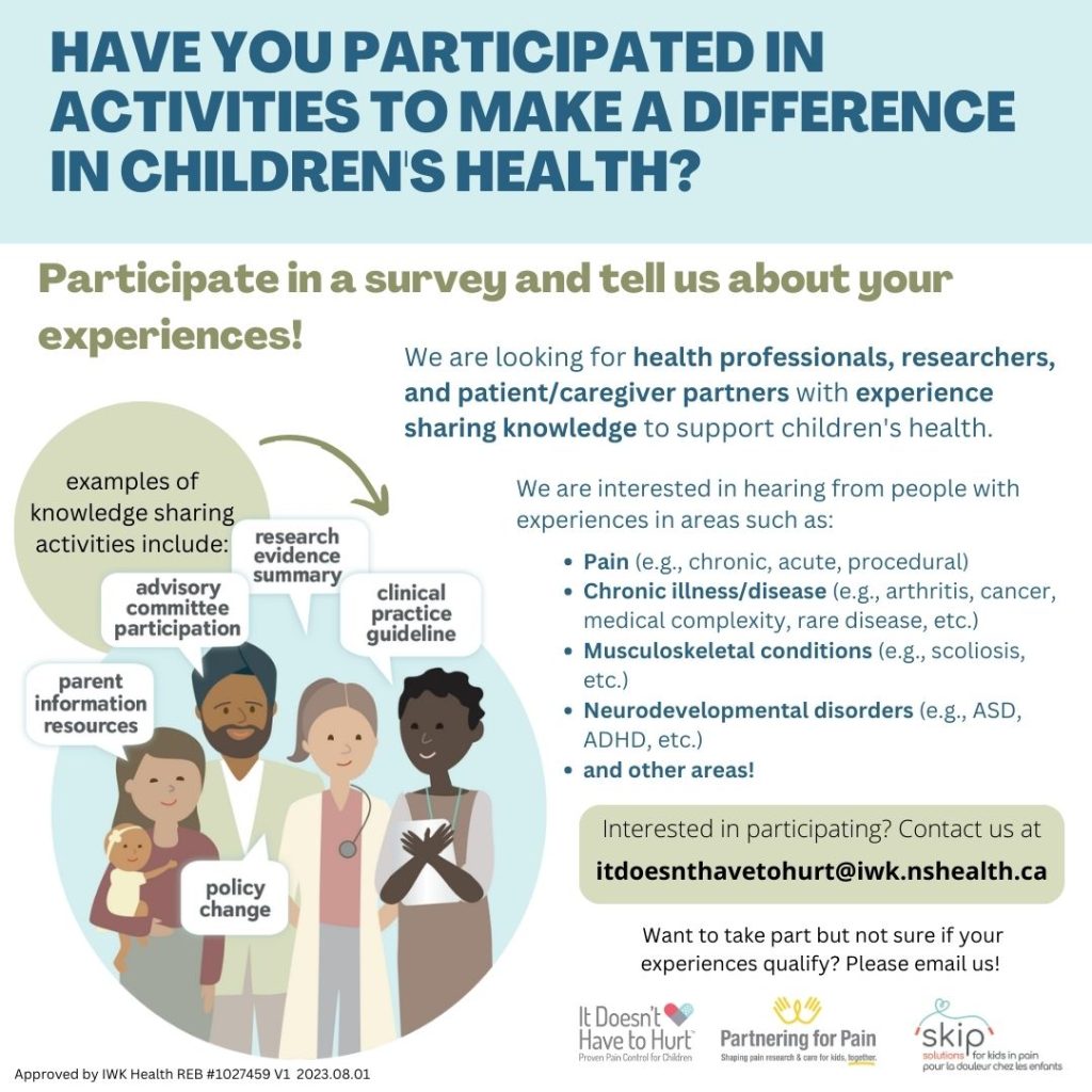 Study recruitment advertisement asking for participation in a research study from health professionals, researchers, and patient/caregiver partners who have taken part in knowledge mobilization activities in children's health and pediatric pain. Provides an email address to express interest in participation itdoesnthavetohurt@iwk.nshealth.ca