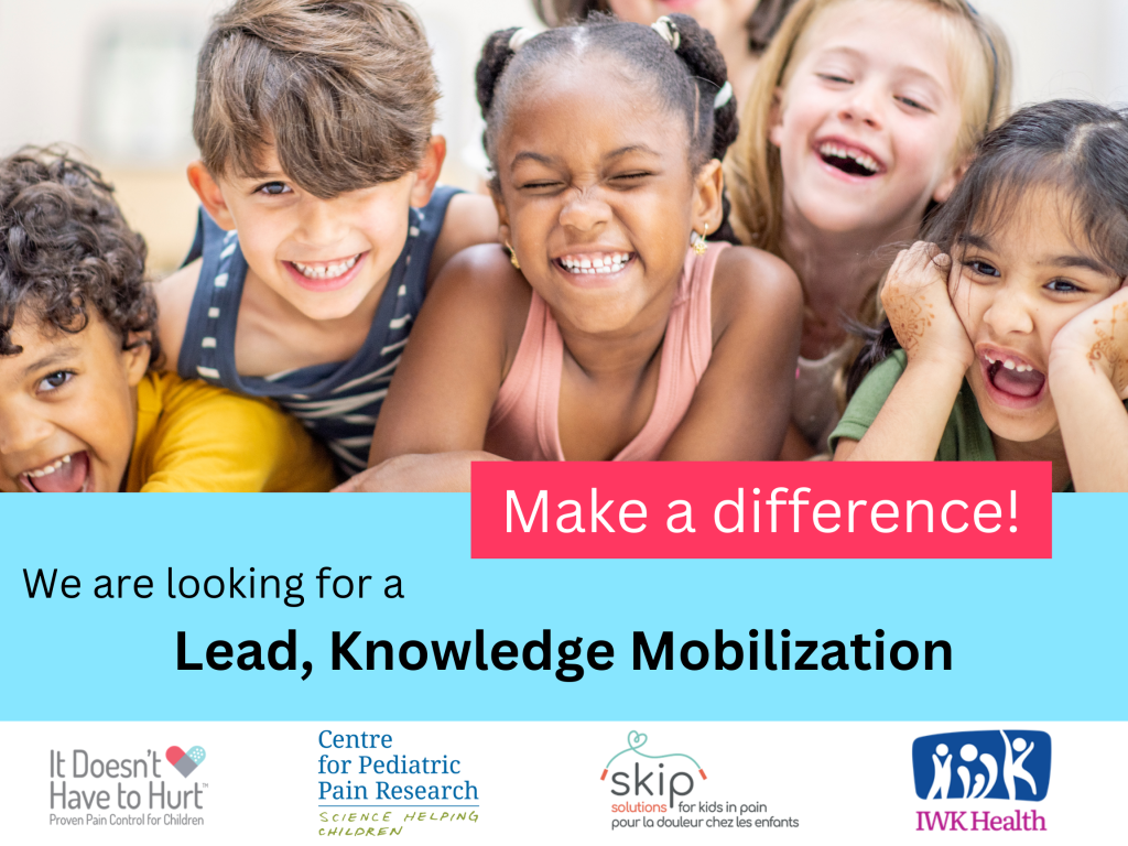 job recruitment image showing a group of diverse children along with the word "Make a difference, We're looking for a Lead, Knowledge Mobilization" the logos for the Chambers lab, the Centre for Pediatric Pain Research, Solutions for Kids in Pain, and IWK Health Centre are along the bottom